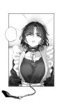  1girl absurdres annoyed bed_sheet chain collar collarbone cross cross_earrings earrings eyebrows_visible_through_hair greyscale hei_yan-m82a1 highres jewelry leash looking_at_viewer lying maid monochrome on_back original parted_lips short_hair solo 