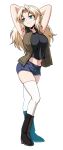  1girl absurdres adapted_costume arms_behind_head arms_up black_footwear black_shirt blonde_hair blue_eyes blue_shorts boots brown_jacket commentary denim denim_shorts full_body girls_und_panzer grin hair_intakes highres jacket kamishima_kanon kay_(girls_und_panzer) long_hair looking_to_the_side micro_shorts midriff military military_uniform navel open_mouth saunders_military_uniform shirt shorts simple_background skindentation sleeveless sleeveless_jacket smile solo standing thigh-highs uniform white_background white_legwear 