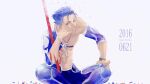  1boy abs aohiro blue_hair bodypaint bracelet confetti crescent_necklace crossed_legs cu_chulainn_(fate)_(all) dated detached_sleeves fate/grand_order fate/stay_night fate_(series) gae_bolg grin happy_birthday highres jewelry lancer looking_to_the_side male_focus necklace pants red_eyes shirtless short_hair simple_background sitting skin_tight smile solo spiky_hair strap type-moon white_background 