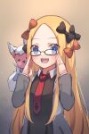  1girl abigail_williams_(fate/grand_order) bangs black_bow black_dress blonde_hair blue_eyes blush bow breasts dress fate/grand_order fate_(series) forehead glasses hair_bow highres jacket long_hair long_sleeves looking_at_viewer mash_kyrielight miya_(miyaruta) multiple_bows necktie open_clothes open_jacket open_mouth orange_bow parted_bangs sidelocks small_breasts smile stuffed_animal stuffed_toy teddy_bear 