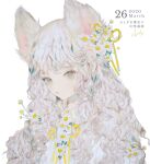  1girl animal_ears closed_mouth curly_hair dated flower flower_on_head highres long_hair looking_at_viewer neck_ribbon original ribbon simple_background solo upper_body white_background white_hair yellow_eyes yellow_neckwear yellow_ribbon yogisya 