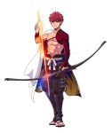  1boy abs applechoc arrow_(projectile) bow commentary_request emiya_shirou fate/grand_order fate_(series) full_body glowing glowing_weapon highres igote limited/zero_over looking_at_viewer male_focus redhead sandals sengo_muramasa_(fate) shirtless short_hair simple_background solo weapon white_background yellow_eyes 