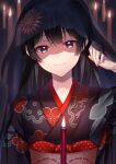  1girl bangs black_hair black_kimono candle closed_mouth commentary_request fire floral_print flower hair_flower hair_ornament hand_up highres holding hood hood_up japanese_clothes kimono koyoka long_hair looking_at_viewer nijisanji obi print_kimono red_flower sash see-through smile solo tsukino_mito upper_body violet_eyes virtual_youtuber 