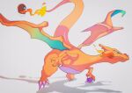  charizard claws closed_mouth commentary_request fang fire flame gen_1_pokemon highres holding life_orb no_humans poke_ball poke_ball_(basic) pokemon pokemon_(creature) saiku_(zvlku) smile solo wings 