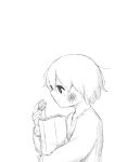  1boy avogado6 bag bruise bruise_on_face food greyscale highres holding holding_food injury monochrome original paper_bag short_hair solo white_background 