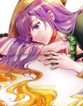  1girl absurdres ajirogasa bead_necklace beads blonde_hair gradient_hair hat head_on_arm highres hijiri_byakuren jewelry long_hair looking_down lying mujiga multicolored_hair necklace on_stomach purple_hair short_sleeves smile solo touhou violet_eyes wavy_hair white_background 