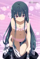  1girl absurdres animal_costume ass_visible_through_thighs bangs bear_costume blunt_bangs bow bow_bra bra breasts closed_mouth collarbone eyebrows_visible_through_hair frilled_bra frilled_panties frills green_hair highres kuma_kuma_kuma_bear long_hair looking_down megami navel official_art panties pink_background pink_bra pink_panties red_eyes sidelocks small_breasts smile solo standing thigh_gap thighs underwear undressing very_long_hair yuna_(kuma_kuma_kuma_bear) 