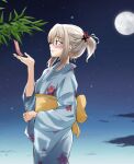  1girl abimaru_gup alternate_hairstyle bamboo bangs black_sky blue_eyes blue_kimono blurry blurry_background closed_mouth clouds cloudy_sky commentary_request cross_hair_ornament depth_of_field eyebrows_visible_through_hair floral_print from_side full_moon girls_und_panzer hair_ornament hair_scrunchie hair_up highres iron_cross itsumi_erika japanese_clothes kimono long_sleeves moon night night_sky obi print_kimono red_scrunchie sash scrunchie short_hair short_ponytail sidelocks silver_hair sky smile solo standing star_(sky) starry_sky tanabata tanzaku translated wide_sleeves 
