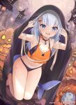  1girl animal_hood bangs bloop_(gawr_gura) blue_eyes blue_hair commentary fish_tail gawr_gura halloween hololive hololive_english hood looking_at_viewer mujinbi multicolored_hair navel open_mouth shark_tail sharp_teeth smile solo streaked_hair symbol_commentary tail teeth virtual_youtuber white_hair 