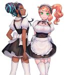  2girls alternate_costume apron arms_behind_back bangs black_hair braid buttons closed_mouth commentary_request dark_skin detached_collar earrings enmaided eyelashes garter_straps green_eyes green_hair hair_bun hoop_earrings jewelry looking_at_viewer maid maid_dress maid_headdress multicolored_hair multiple_girls nessa_(pokemon) orange_hair pokemon pokemon_(game) pokemon_swsh sakai_(motomei) side_ponytail smile sonia_(pokemon) swept_bangs thigh-highs two-tone_hair waist_apron white_apron white_legwear 