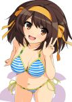  1girl bare_arms bare_shoulders bikini breasts brown_eyes brown_hair commentary_request hair_ribbon hairband haruhisky highres medium_breasts medium_hair open_mouth ribbon smile solo striped striped_bikini suzumiya_haruhi suzumiya_haruhi_no_yuuutsu swimsuit yellow_hairband yellow_ribbon 