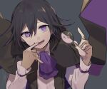  1boy bangs black_cape black_hair candy cape checkered collared_shirt commentary dangan_ronpa fang floating_clothes food hair_between_eyes highres holding huyuharu0214 index_finger_raised lollipop long_sleeves looking_at_viewer male_focus new_dangan_ronpa_v3 open_mouth ouma_kokichi purple_cape purple_hair purple_neckwear shirt short_hair signature simple_background smile solo upper_body violet_eyes 