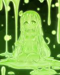  1girl ahoge breasts eyebrows_visible_through_hair green_eyes green_hair green_sclera green_skin highres kixyuresu long_hair looking_at_viewer monster_girl navel nude original parted_lips sitting slime_girl small_breasts solo 
