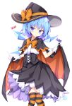  1girl alternate_costume black_cape black_dress blue_eyes blue_hair bow candy cape cape_lift cirno dress eyebrows_visible_through_hair food halloween halloween_costume hat highres ice ice_wings kuraaken legs_together lifted_by_self lollipop orange_bow orange_cape pumpkin short_hair simple_background solo striped striped_legwear swirl_lollipop thigh-highs thighs touhou white_background wings witch_hat 