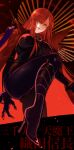  1girl absurdres black_bodysuit black_gloves bodysuit boots cape commentary_request covered_nipples fate/grand_order fate_(series) from_below gloves hair_over_one_eye high_heel_boots high_heels highres looking_at_viewer looking_down oda_nobunaga_(fate)_(all) oda_nobunaga_(maou_avenger)_(fate) oda_uri red_cape red_eyes redhead solo soraharu_(mojatta) 