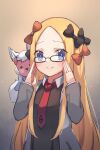  1girl abigail_williams_(fate/grand_order) bangs black_bow black_dress blonde_hair blue_eyes blush bow breasts closed_mouth dress fate/grand_order fate_(series) forehead glasses hair_bow highres jacket long_hair long_sleeves looking_at_viewer mash_kyrielight miya_(miyaruta) multiple_bows necktie open_clothes open_jacket orange_bow parted_bangs sidelocks small_breasts smile stuffed_animal stuffed_toy teddy_bear 