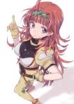  1girl breasts charlotte_hasting from_above highres large_breasts long_hair looking_back pilot_suit pointing pointing_up redhead solo super_robot_wars super_robot_wars_v takemura_makoto_(hakushikei) violet_eyes yellow_eyes 