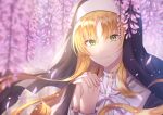  1girl bangs blonde_hair blurry blurry_background commentary_request face floating_hair flower habit hands_clasped hands_up jewelry koyoka long_hair long_sleeves looking_at_viewer necklace nun original own_hands_together ribbon smile solo white_ribbon wisteria yellow_eyes 