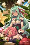  2girls :d ahoge artist_name bangs book breasts brown_gloves closed_eyes commentary day detached_sleeves dragalia_lost dress english_commentary eyebrows_visible_through_hair fang flower gloves green_hair hair_between_eyes hair_ribbon hentaki highres lap_pillow long_hair long_sleeves lying medium_breasts meene_(dragalia_lost) minigirl multiple_girls notte_(dragalia_lost) on_side open_book open_mouth outdoors pink_hair red_ribbon ribbon seiza sitting sleeveless sleeveless_dress smile tree very_long_hair violet_eyes watermark web_address white_dress white_flower white_sleeves 