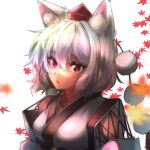  1girl animal_ear_fluff animal_ears breasts commentary_request hair_between_eyes hat highres inubashiri_momiji large_breasts leaf looking_at_another maple_leaf open_mouth red_eyes short_hair sireia_round solo tokin_hat touhou white_hair wolf_ears 