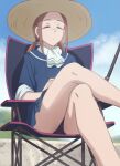  1girl black_panties blue_sailor_collar blue_sky brown_hair chain closed_eyes closed_mouth clouds crossed_legs haruyama_kazunori hat houkago_teibou_nisshi kuroiwa_yuuki legs outdoors panties sailor_collar school_uniform short_hair sitting sky solo straw_hat thighs underwear 