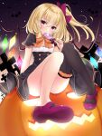  1girl alternate_costume asymmetrical_legwear black_dress black_legwear blonde_hair blush bow candy convenient_leg covering_mouth cross dress english_commentary eyebrows_visible_through_hair flandre_scarlet food foreshortening gradient_sky hair_between_eyes hair_ribbon halloween halloween_costume head_tilt holding holding_candy holding_food holding_lollipop jack-o&#039;-lantern lollipop looking_at_viewer mary_janes no_hat no_headwear one_side_up orange_bow orange_neckwear purple_footwear purple_ribbon red_eyes ribbon shiny shiny_hair shoes short_hair short_sleeves sitting sitting_on_object sky solo star_(sky) starry_sky swirl_lollipop thigh-highs tosakaoil touhou wings 