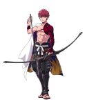  1boy abs applechoc arrow_(projectile) bow commentary_request emiya_shirou fate/grand_order fate_(series) full_body highres igote limited/zero_over looking_at_viewer male_focus redhead sandals sengo_muramasa_(fate) shirtless short_hair simple_background solo white_background yellow_eyes 