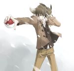  1boy bangs blue_oak brown_hair brown_jacket closed_mouth commentary_request eevee gen_1_pokemon hazaki holding holding_poke_ball jacket jewelry long_sleeves male_focus necklace on_shoulder open_clothes outstretched_arm pants poke_ball poke_ball_(basic) pokemon pokemon_(creature) pokemon_(game) pokemon_hgss pokemon_on_shoulder 