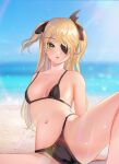  1girl arm_support bare_arms bare_shoulders beach bikini black_bikini blonde_hair blurry breasts day depth_of_field eyepatch fischl_(genshin_impact) genshin_impact green_eyes hair_ornament highleg highleg_bikini highres htoomm long_hair looking_at_viewer navel outdoors parted_lips sitting small_breasts solo spread_legs stomach string_bikini sunlight swimsuit thighs two_side_up 