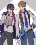  2boys ;d bandaged_hands bandages bangs belt belt_buckle blue_neckwear brown_belt brown_eyes brown_hair buckle cape closed_mouth collared_shirt eyebrows_visible_through_hair fushimi_gaku green_eyes grey_background grey_pants hair_between_eyes holding jacket kenmochi_touya long_hair long_sleeves low_ponytail male_focus multiple_boys necktie nijisanji one_eye_closed open_clothes open_jacket open_mouth pants plaid_neckwear ponytail purple_cape purple_hair red_neckwear shikino_yuki shirt smile translation_request two-tone_background virtual_youtuber white_background white_jacket white_shirt 