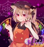  +_+ 1girl alternate_costume animal_ears bangs basket bat black_headwear blonde_hair buttons candy candy_cane cat_ears closed_mouth collared_shirt crystal eyebrows_visible_through_hair fang flandre_scarlet food hair_between_eyes halloween halloween_basket halloween_costume hat highres holding holding_basket lollipop mob_cap orange_shirt orange_skirt puffy_short_sleeves puffy_sleeves purple_background red_eyes red_nails shirt short_hair short_sleeves side_ponytail silk skirt solo spider_web star_(sky) touhou upper_body wings yurui_tuhu 