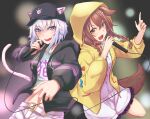  2girls animal_ears baseball_cap blush cat_girl cat_tail cowboy_shot dog_ears dog_girl dog_tail hat highres holding holding_microphone hololive hood hooded_jacket hoodie inugami_korone jacket kiukoma looking_at_viewer microphone multiple_girls music nekomata_okayu open_mouth rapping singing smile tail virtual_youtuber 