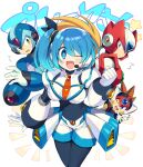  1girl 3boys android arm_cannon axl bangs blonde_hair blue_eyes blue_hair blush breasts brown_hair eyebrows_visible_through_hair green_eyes headphones helmet highres iroyopon long_hair looking_at_viewer multiple_boys open_mouth ribbon rico_(rockman) rockman rockman_x rockman_x_dive short_hair shorts side_ponytail simple_background smile spiky_hair weapon white_background x_(rockman) zero_(rockman) 