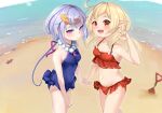  2girls absurdres bare_shoulders beach bead_necklace beads bikini blonde_hair blush breasts covered_navel frilled_bikini frilled_swimsuit frills genshin_impact half-closed_eyes highres holding_hands jewelry klee_(genshin_impact) looking_at_viewer multiple_girls navel necklace ocean one-piece_swimsuit open_mouth pointy_ears ponytail purple_hair purple_swimsuit qiqi red_bikini red_eyes small_breasts smile somray swimsuit twintails v 