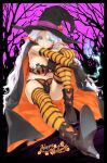  1girl absurdres blush cape elbow_gloves english_text gloves green_eyes halloween happoubi_jin happy_halloween hat high_heels highres long_hair looking_at_viewer magic original sitting solo striped striped_legwear thigh-highs white_hair witch_hat 