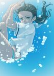  1girl air_bubble arms_up black_hair blouse bubble commentary_request english_commentary hair_tie half-closed_eyes highres knees_up kuroneko_douji long_hair looking_at_viewer no_pants original panties ponytail school_uniform serafuku short_sleeves solo submerged underwater underwear water white_blouse white_panties 