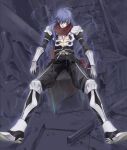  1boy ahoge armor armored_boots arms_at_sides assassin_cross_(ragnarok_online) bangs barbed_wire bare_chest bio_lab black_cape black_pants black_shirt blue_hair boots cape commentary_request crate eremes_guile full_body gauntlets hair_between_eyes hair_over_one_eye kirimochi_niwe leg_armor long_hair looking_at_viewer pants parted_lips pauldrons ragnarok_online red_eyes red_scarf scarf shirt shoulder_armor sitting skull solo spread_legs torn_scarf waist_cape 