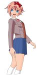  1girl bangs blazer blue_eyes blue_skirt bow breasts cowboy_shot deviantjam doki_doki_literature_club eyebrows_behind_hair from_side grey_jacket hair_between_eyes hair_bow highres jacket legs long_sleeves looking_back looking_to_the_side miniskirt neck_ribbon open_mouth orange_vest pink_hair pleated_skirt red_bow red_headwear red_neckwear red_ribbon ribbon sayori_(doki_doki_literature_club) school_uniform shiny shiny_hair shirt short_hair skirt small_breasts solo standing tongue transparent_background upper_teeth vest white_legwear white_shirt wing_collar 