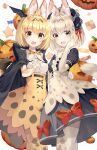  2girls :d absurdres adapted_costume animal_ear_fluff animal_ears animal_ears_(artist) bat_wings black_cape blonde_hair bow bowtie candy cape center_frills checkerboard_cookie commentary cookie elbow_gloves extra_ears eyebrows_visible_through_hair fang food frills gloves halloween head_wings headdress highres jack-o&#039;-lantern kemono_friends looking_at_viewer multiple_girls open_mouth print_bow print_legwear print_neckwear print_skirt puffy_short_sleeves puffy_sleeves red_bow serval_(kemono_friends) serval_ears serval_print shirt short_hair short_sleeves simple_background skin_fang skirt smile tail thigh-highs white_background white_serval_(kemono_friends) white_shirt wings yellow_eyes 