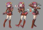  1girl breasts courtney_(pokemon) english_text gen_4_pokemon grey_background highres horned_hood multiple_views open_mouth pink_hair pokemon rotom rotom_phone runningpigeon73 short_hair small_breasts violet_eyes 