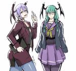  alternate_costume ass black_choker book braid breasts choker demon_girl flat_chest glasses green_eyes green_hair head_wings highres holding holding_book large_breasts lilith_aensland looking_at_viewer morrigan_aensland open_mouth purple_hair purple_skirt school_uniform serafuku shibusun short_hair skirt succubus twin_braids vampire_(game) violet_eyes white_background 