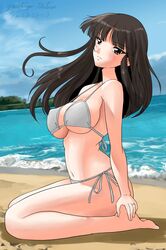  1girl artist_name bangs barefoot beach bikini black_eyes black_hair blue_sky blunt_bangs breasts closed_mouth clouds cloudy_sky commentary dated day from_side girls_und_panzer jewelry large_breasts light_frown long_hair matsui_yasutsugu mature navel nishizumi_shiho ocean outdoors ring side-tie_bikini signature sitting sky solo straight_hair string_bikini swimsuit wariza wedding_band white_bikini wind 