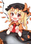  1girl absurdres alternate_costume ascot bangs begging black_dress black_headwear blonde_hair bow collared_shirt dress eyebrows_visible_through_hair fangs flandre_scarlet frilled_dress frills halloween halloween_costume hanen_(borry) hat hat_bow hat_ribbon heart highres medium_hair mob_cap open_mouth orange_bow orange_ribbon orange_shirt puffy_short_sleeves puffy_sleeves red_eyes red_neckwear ribbon shirt short_sleeves side_ponytail simple_background solo touhou white_background wings 