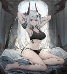  1girl :o absurdres arknights armband armpits arms_up bandages bangs bare_arms bare_legs bare_shoulders barefoot black_panties chinese_commentary commentary_request crop_top hands_in_hair highres horns indoors long_hair looking_at_viewer mudrock_(arknights) navel oripathy_lesion_(arknights) panties parted_lips red_eyes sarashi side-tie_panties silver_hair sitting solo_focus sports_bra stomach thighs underwear yokozuwari yuxia_(please6) 