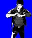  1boy akai_shuuichi bad_id bad_pixiv_id belt blue_background blue_theme bulletproof_vest collared_shirt cowboy_shot fbi gun holding holding_gun holding_weapon jacket looking_to_the_side male_focus meitantei_conan monochrome mrc-k open_clothes open_jacket parted_lips shirt simple_background solo standing twitter_username weapon 