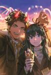  1girl :d absurdres alzi_xiaomi amusement_park animal_ears black_hair blue_eyes blurry blurry_background braid brown_hair brown_jacket byleth_(fire_emblem) byleth_eisner_(female) claude_von_riegan claw_pose closed_mouth crepe deer_antlers deer_ears earrings fake_animal_ears fake_horns fangs ferris_wheel fire_emblem fire_emblem:_three_houses food food_on_face fruit green_eyes highres holding holding_food horns jacket jewelry long_hair looking_at_viewer open_mouth shirt short_hair signature smile teeth turtleneck upper_body whipped_cream white_shirt 