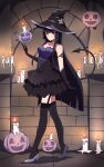  1girl black_gloves black_hair candle candlelight closed_mouth costume glass_(tate_no_yuusha_no_nariagari) gloves halloween halloween_costume hat highres long_hair pumpkin red_eyes serious solo standing stefv tate_no_yuusha_no_nariagari very_long_hair witch witch_hat 