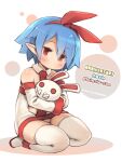  1girl bare_shoulders blue_hair blush dated detached_sleeves disgaea dress hair_ribbon hairband looking_at_viewer necktie nippon_ichi object_hug panties pantyshot pleinair pointy_ears red_eyes red_neckwear ribbon seiza shigatake short_hair simple_background sitting solo stuffed_animal stuffed_bunny stuffed_toy thigh-highs underwear usagi-san white_background white_legwear white_panties zettai_ryouiki 