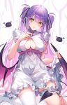  1girl absurdres bangs barefoot black_ribbon blush breasts cleavage_cutout closed_mouth clothing_cutout demon_tail demon_wings eyebrows_visible_through_hair green_eyes hair_ornament hair_ribbon highres hololive kakage large_breasts leg_garter long_hair looking_at_viewer low_wings pointy_ears purple_hair ribbon short_sleeves single_thighhigh solo tail thigh-highs tokoyami_towa twintails virtual_youtuber white_legwear wings 