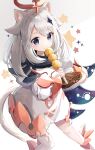  1girl :3 absurdres animal_ear_fluff animal_ears animal_ears_(artist) bangs blue_eyes cat_ears cat_tail dress fang fang_out food genshin_impact hair_flaps hair_ornament hairclip halo highres holding holding_food long_hair long_sleeves looking_at_viewer paimon_(genshin_impact) revision simple_background single_thighhigh smile solo star_(symbol) tail thigh-highs white_hair white_legwear 